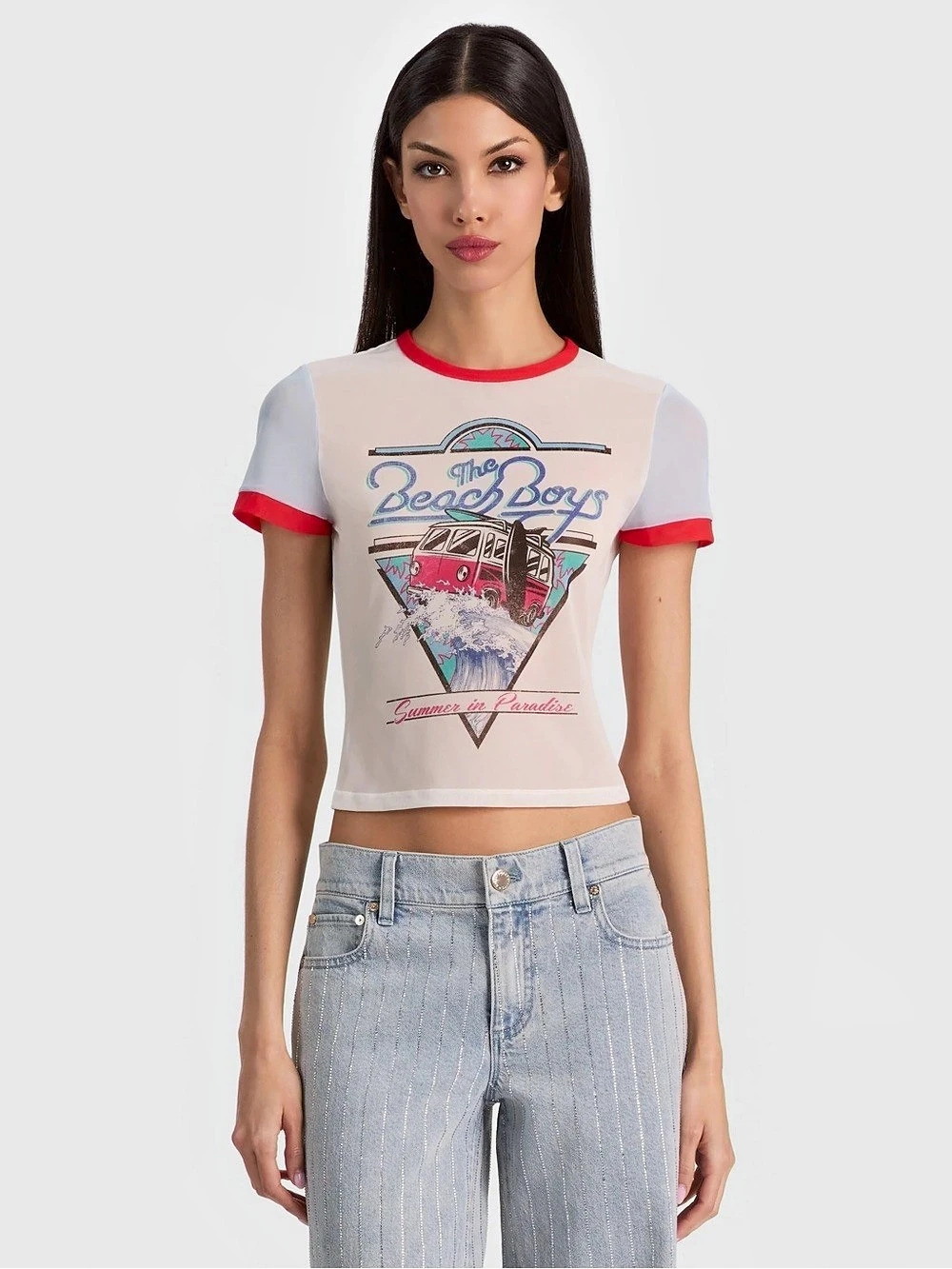 Alice + Olivia Tess The Beach Boys Graphic Mesh T-Shirt Tee White & Red Small